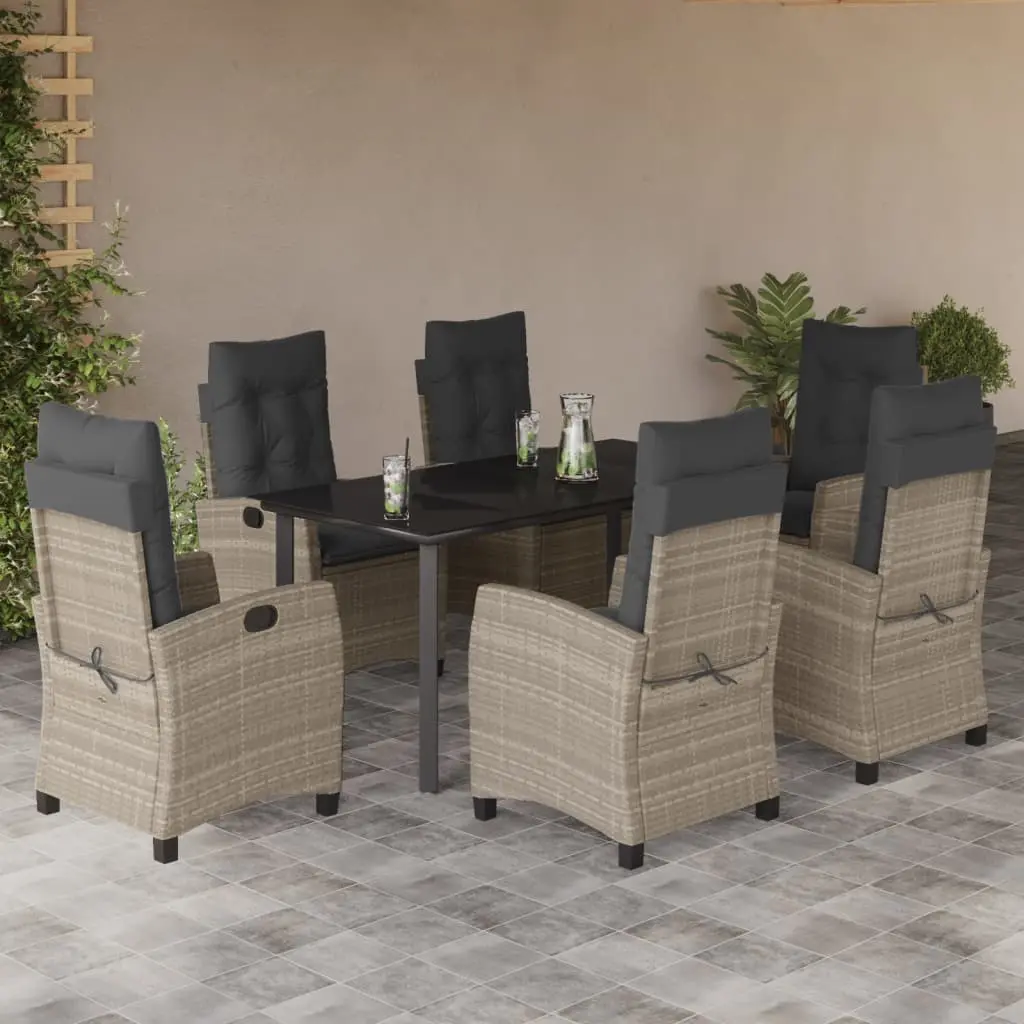 Set da Pranzo da Giardino 7 pz Cuscini Polyrattan Grigio Chiaro