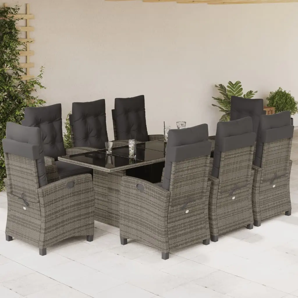 Set da Pranzo da Giardino 9 pz con Cuscini in Polyrattan Grigio