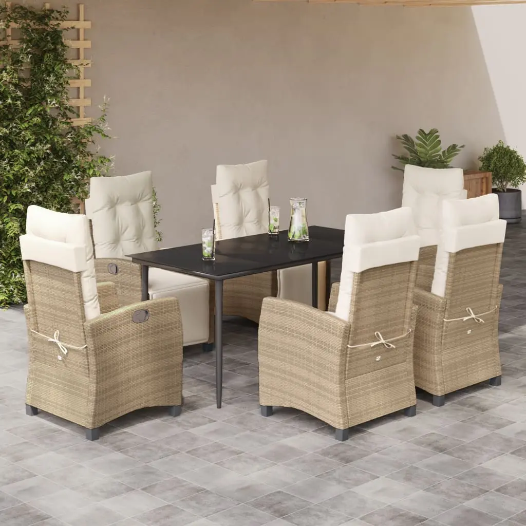 Set da Pranzo da Giardino 7 pz con Cuscini Beige in Polyrattan