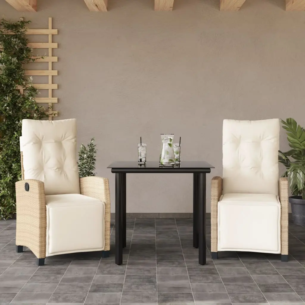 Set da Pranzo da Giardino 3 pz con Cuscini Beige in Polyrattan