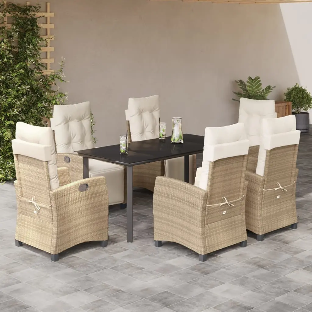 Set da Pranzo da Giardino 7 pz con Cuscini Beige in Polyrattan