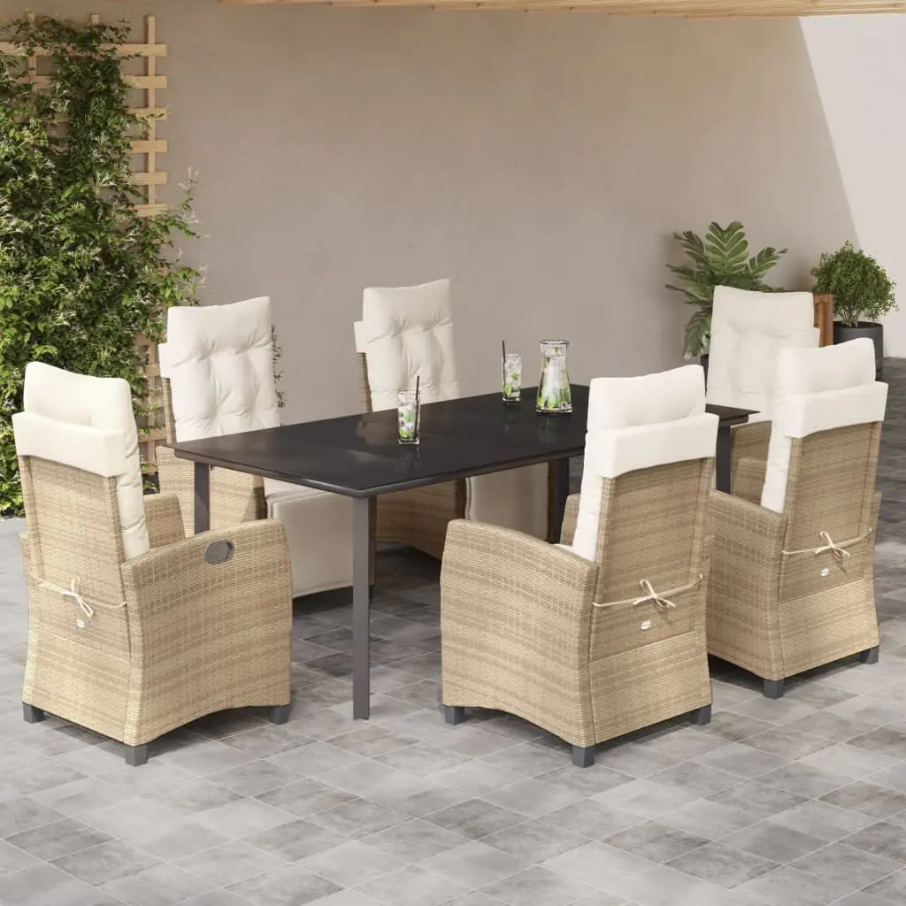 Set da Pranzo da Giardino 7 pz con Cuscini Beige in Polyrattan