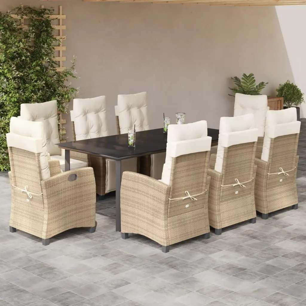 Set da Pranzo da Giardino 9 pz con Cuscini Beige in Polyrattan