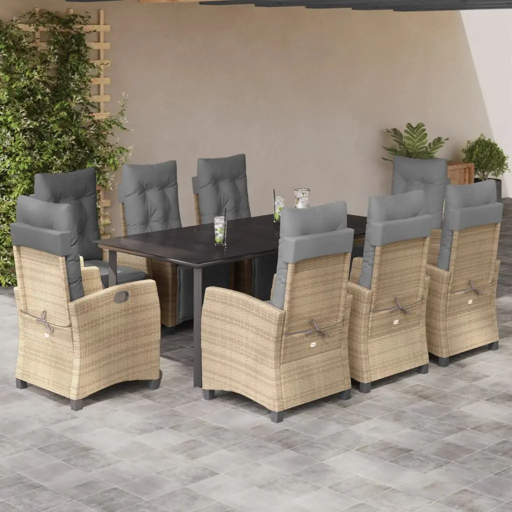 Set Pranzo da Giardino 9 pz con Cuscini Beige Misto Polyrattan