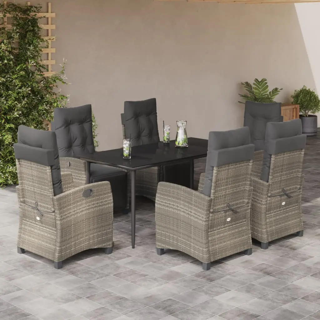 Set da Pranzo da Giardino 7 pz Cuscini Polyrattan Grigio Chiaro