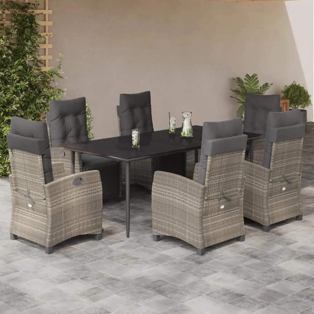 Set da Pranzo da Giardino 7 pz Cuscini Polyrattan Grigio Chiaro