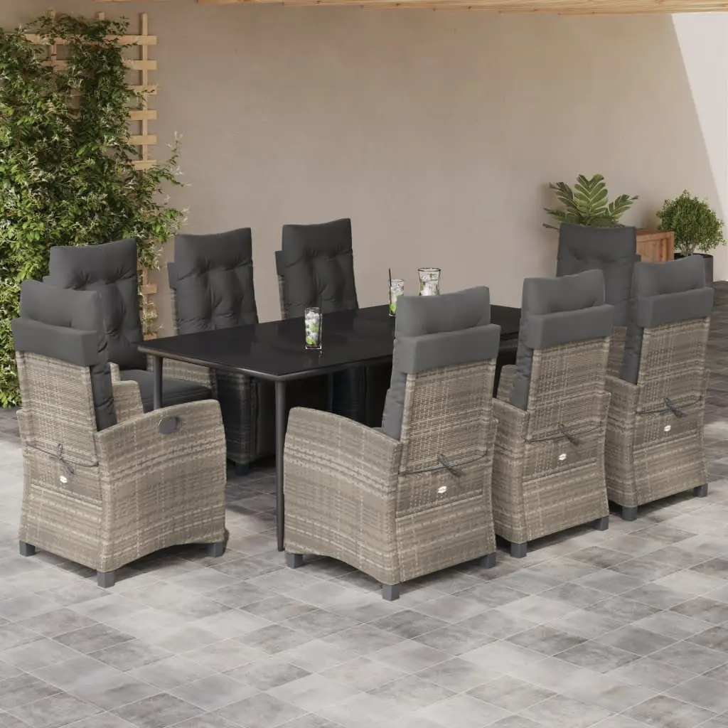 Set Pranzo da Giardino 9pz con Cuscini Grigio Chiaro Polyrattan