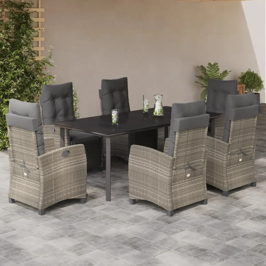 Set da Pranzo da Giardino 7 pz Cuscini Polyrattan Grigio Chiaro