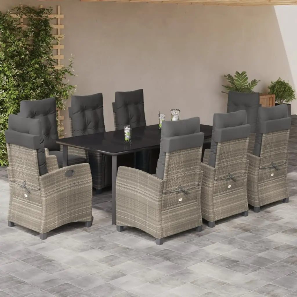 Set Pranzo da Giardino 9pz con Cuscini Grigio Chiaro Polyrattan