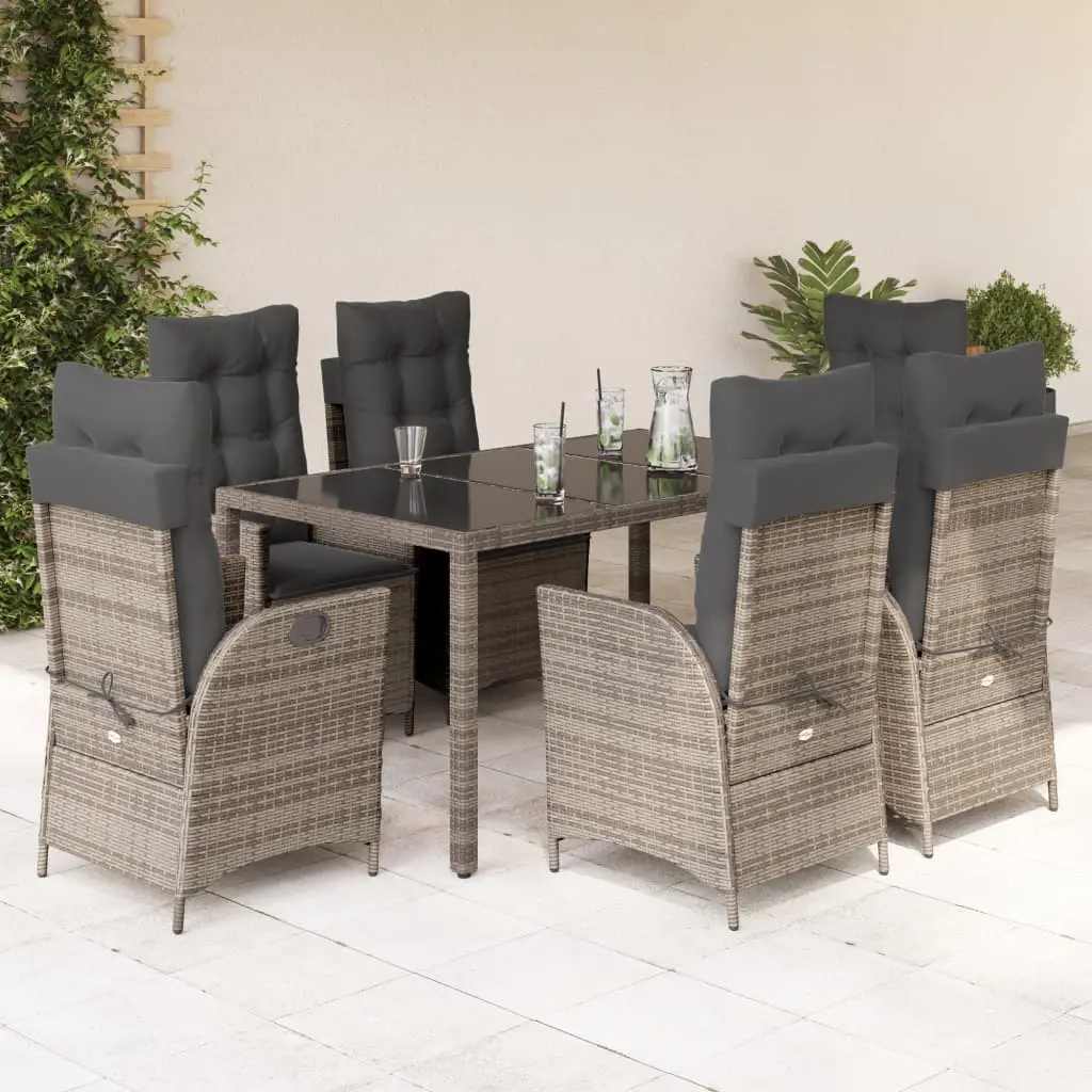 Set da Pranzo da Giardino 7 pz con Cuscini in Polyrattan Grigio