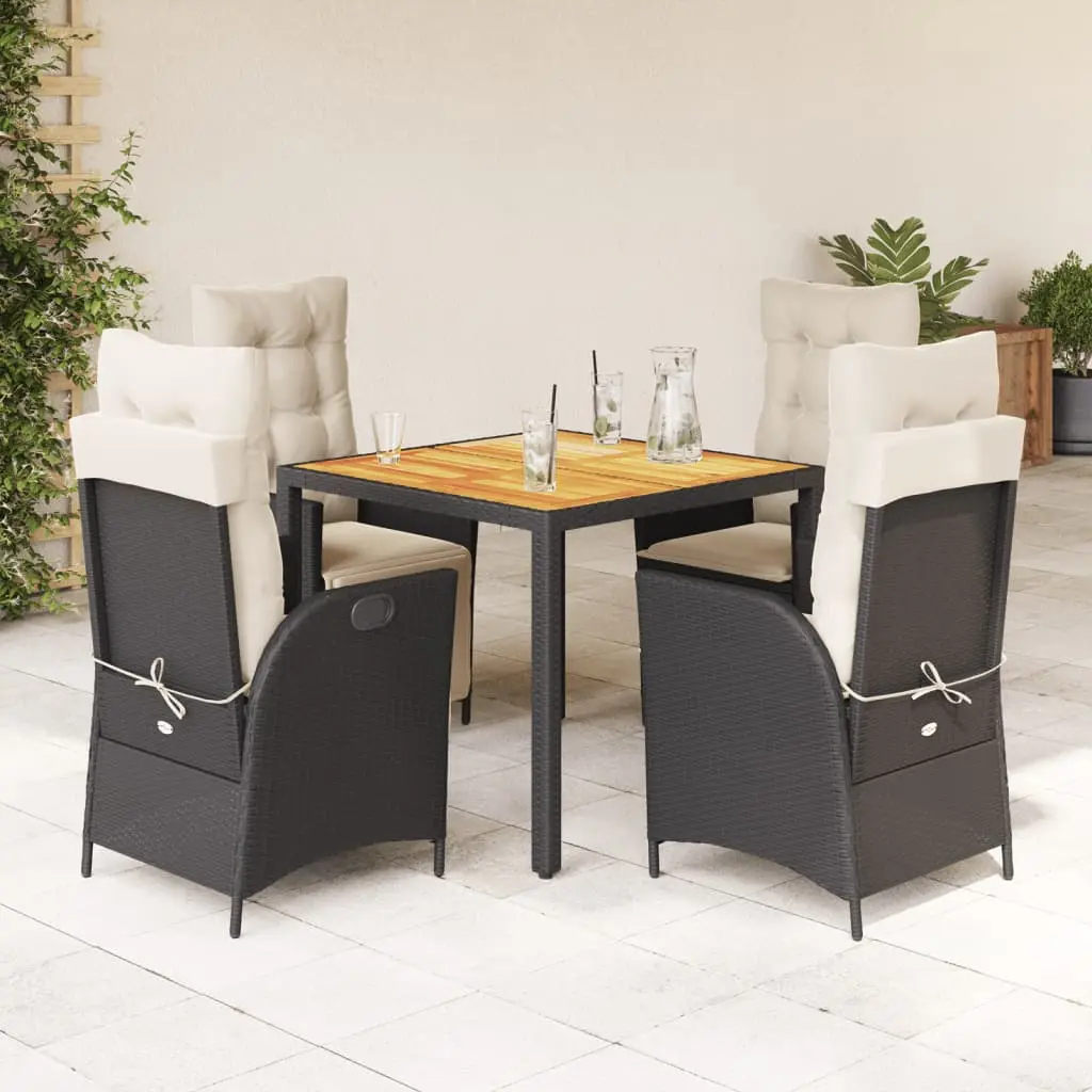 Set da Pranzo da Giardino 5 pz Nero con Cuscini in Polyrattan