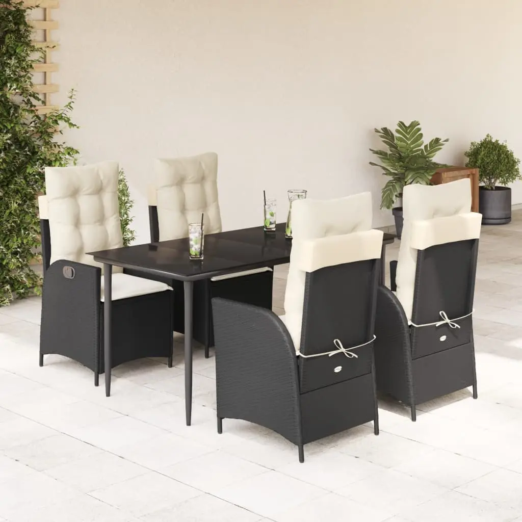 Set da Pranzo da Giardino 5 pz Nero con Cuscini in Polyrattan