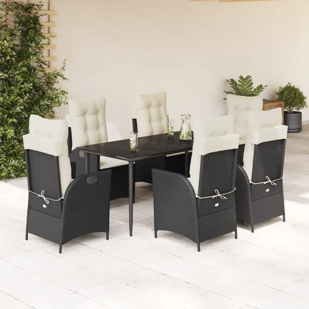 Set da Pranzo da Giardino 7 pz Nero con Cuscini in Polyrattan