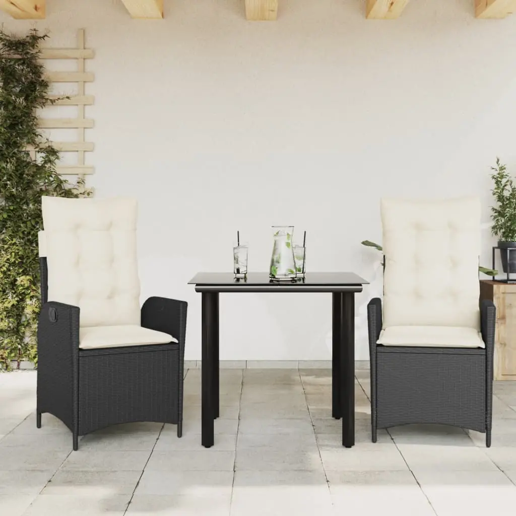 Set da Pranzo da Giardino 3 pz con Cuscini Nero in Polyrattan