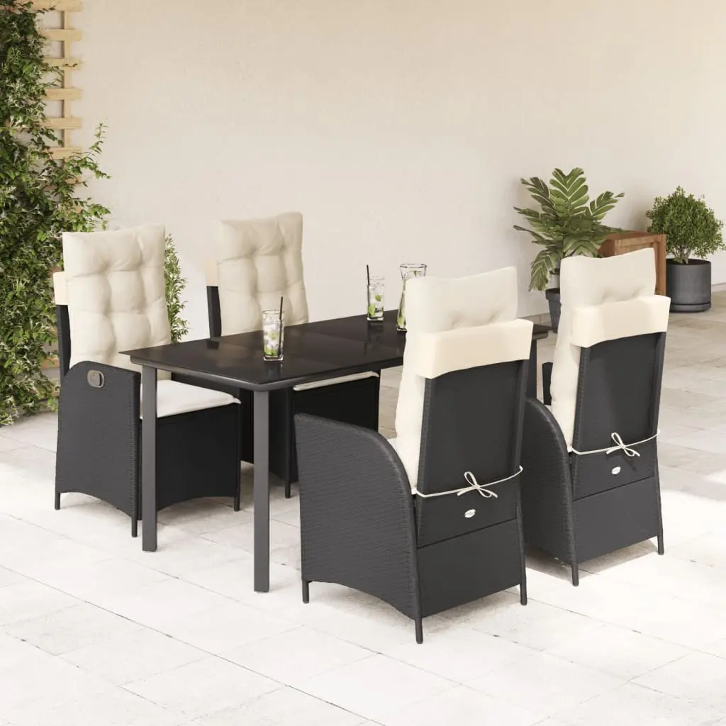 Set da Pranzo da Giardino 5 pz Nero con Cuscini in Polyrattan