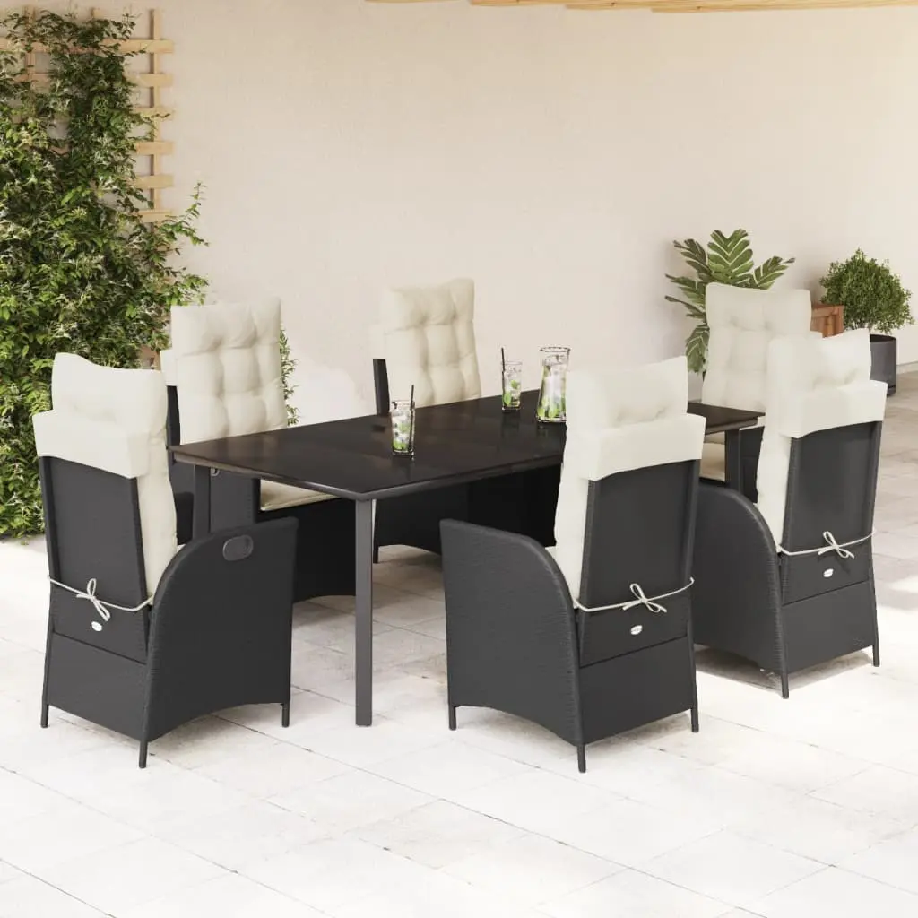 Set da Pranzo da Giardino 7 pz Nero con Cuscini in Polyrattan