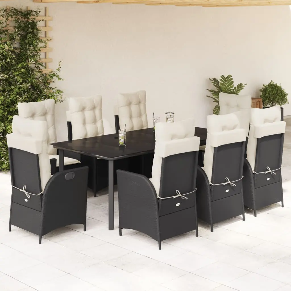 Set da Pranzo da Giardino 9 pz con Cuscini Nero in Polyrattan