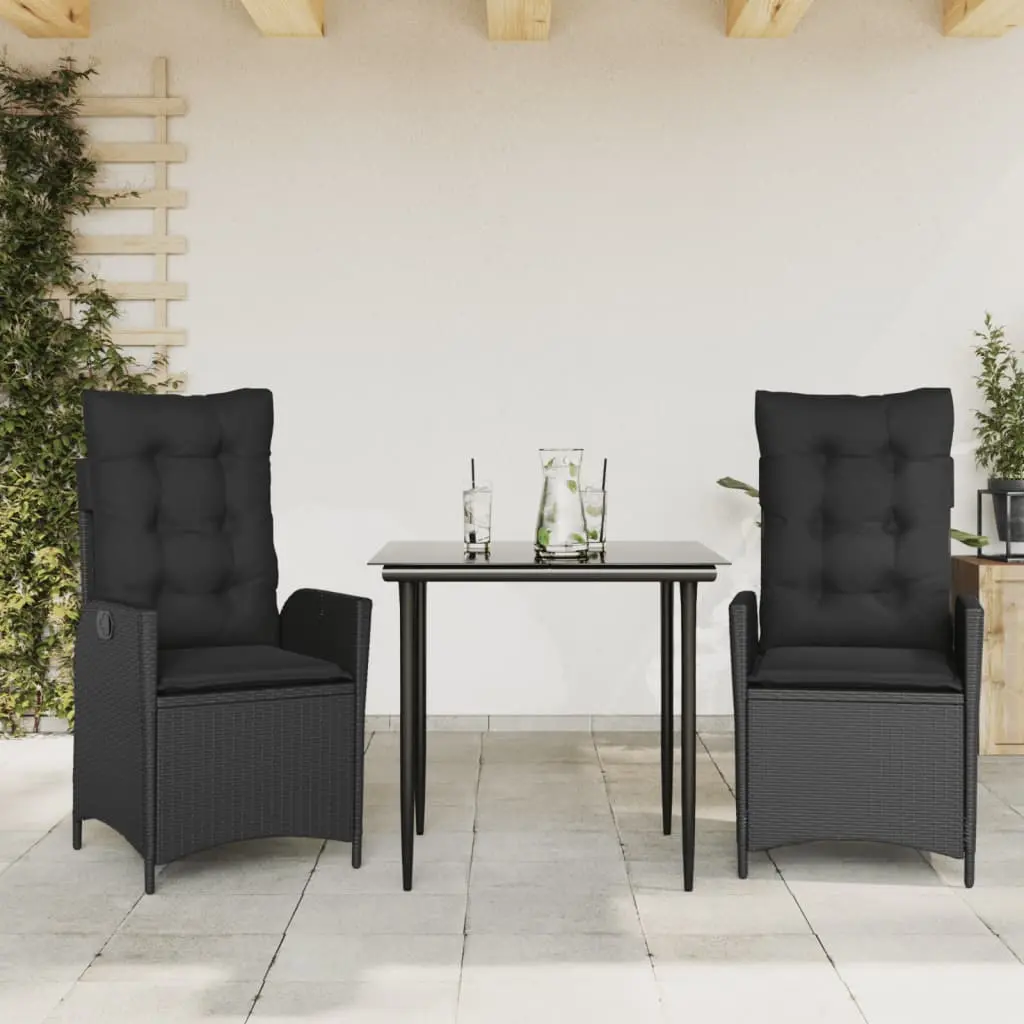 Set da Pranzo da Giardino 3 pz con Cuscini Nero in Polyrattan