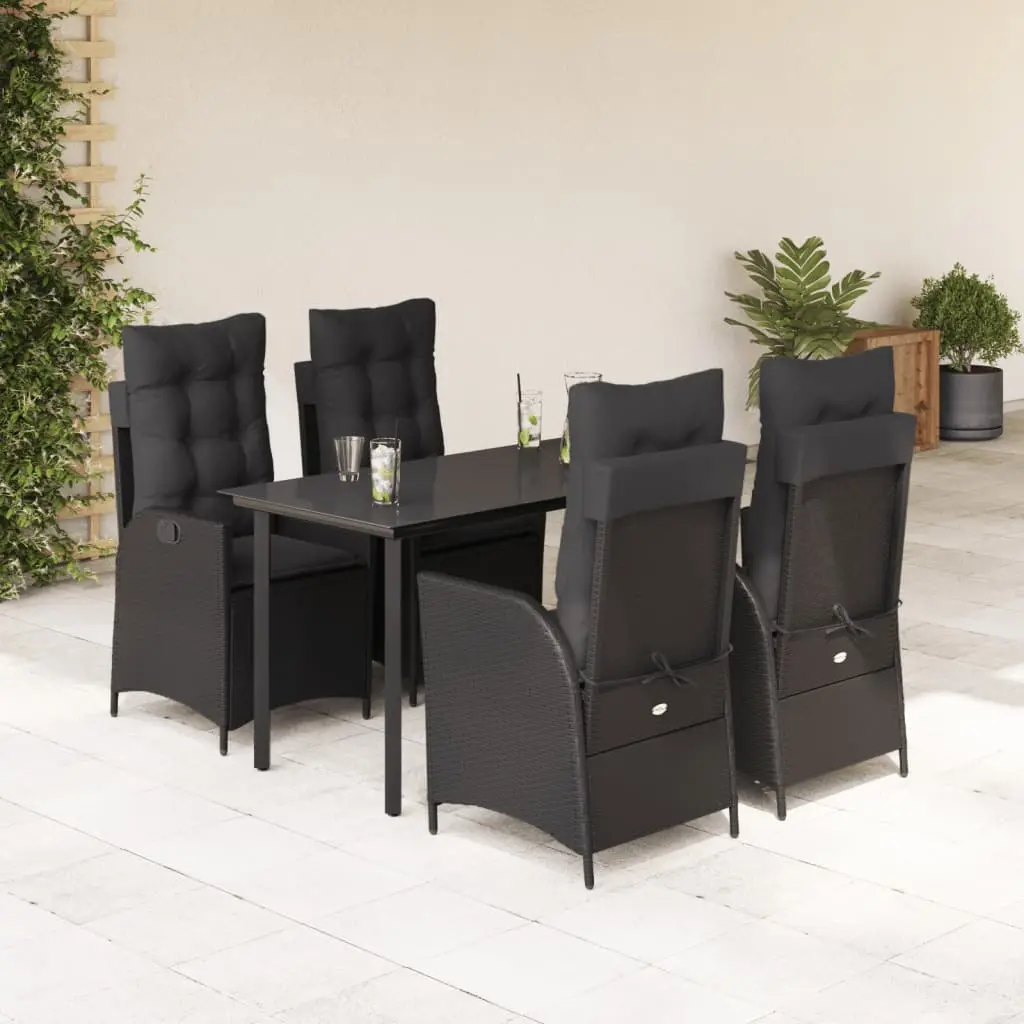 Set da Pranzo da Giardino 5 pz Nero con Cuscini in Polyrattan