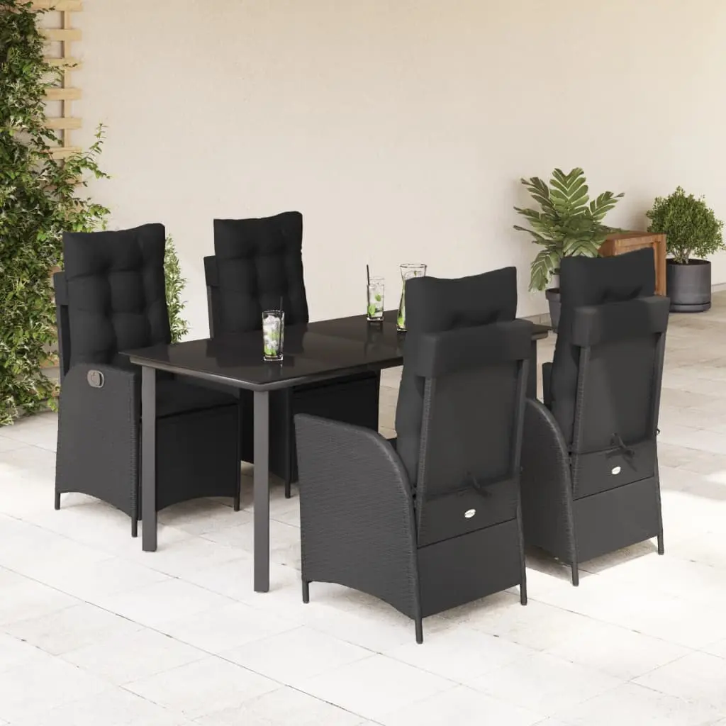 Set da Pranzo da Giardino 5 pz Nero con Cuscini in Polyrattan