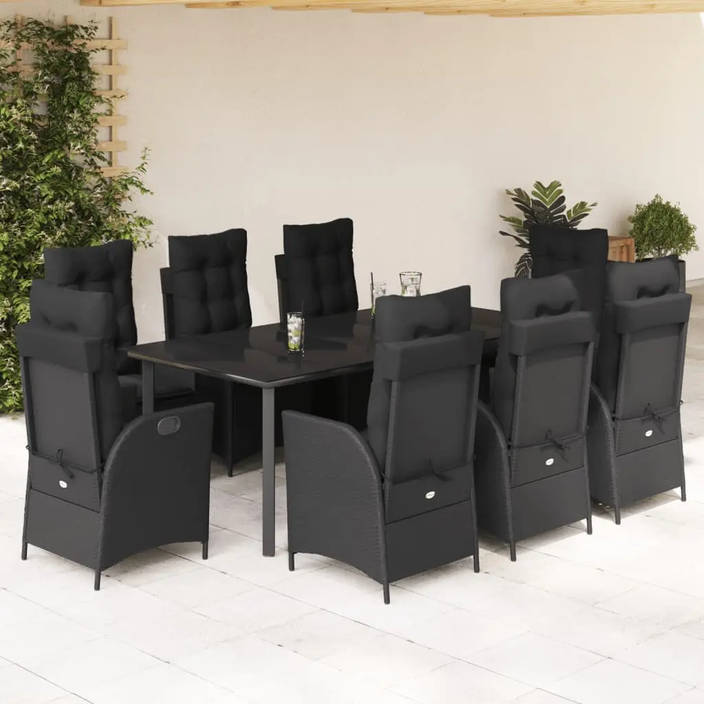 Set da Pranzo da Giardino 9 pz con Cuscini Nero in Polyrattan