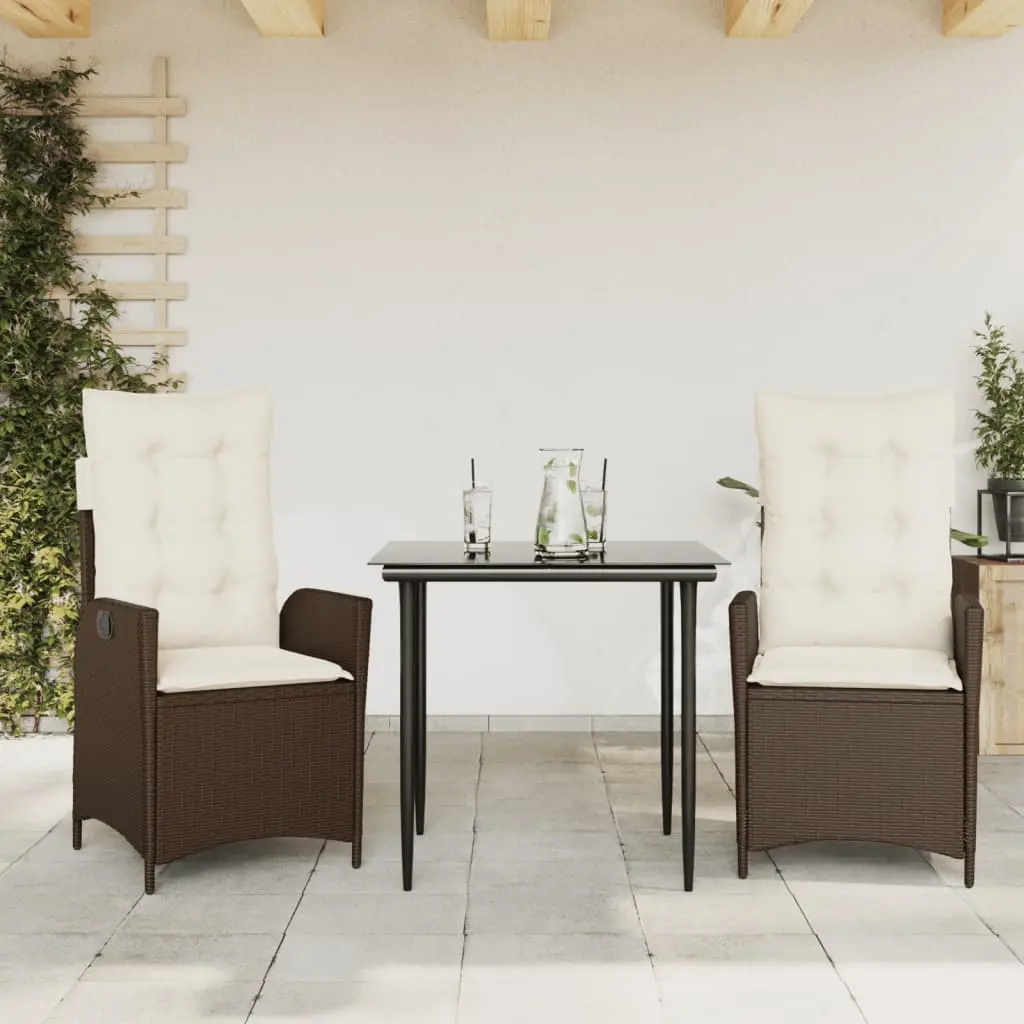 Set da Pranzo da Giardino 3pz con Cuscini in Polyrattan Marrone