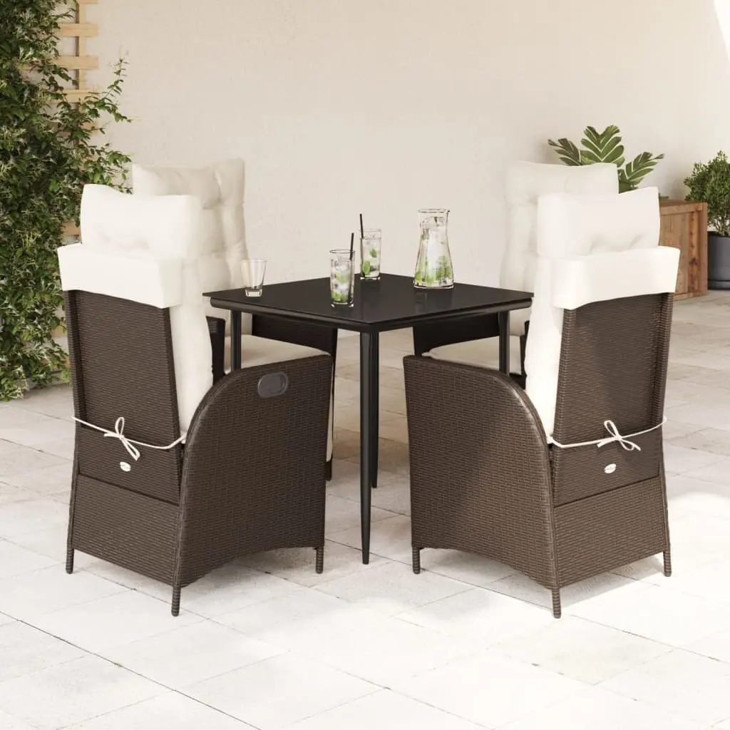 Set da Pranzo da Giardino 5pz con Cuscini in Polyrattan Marrone