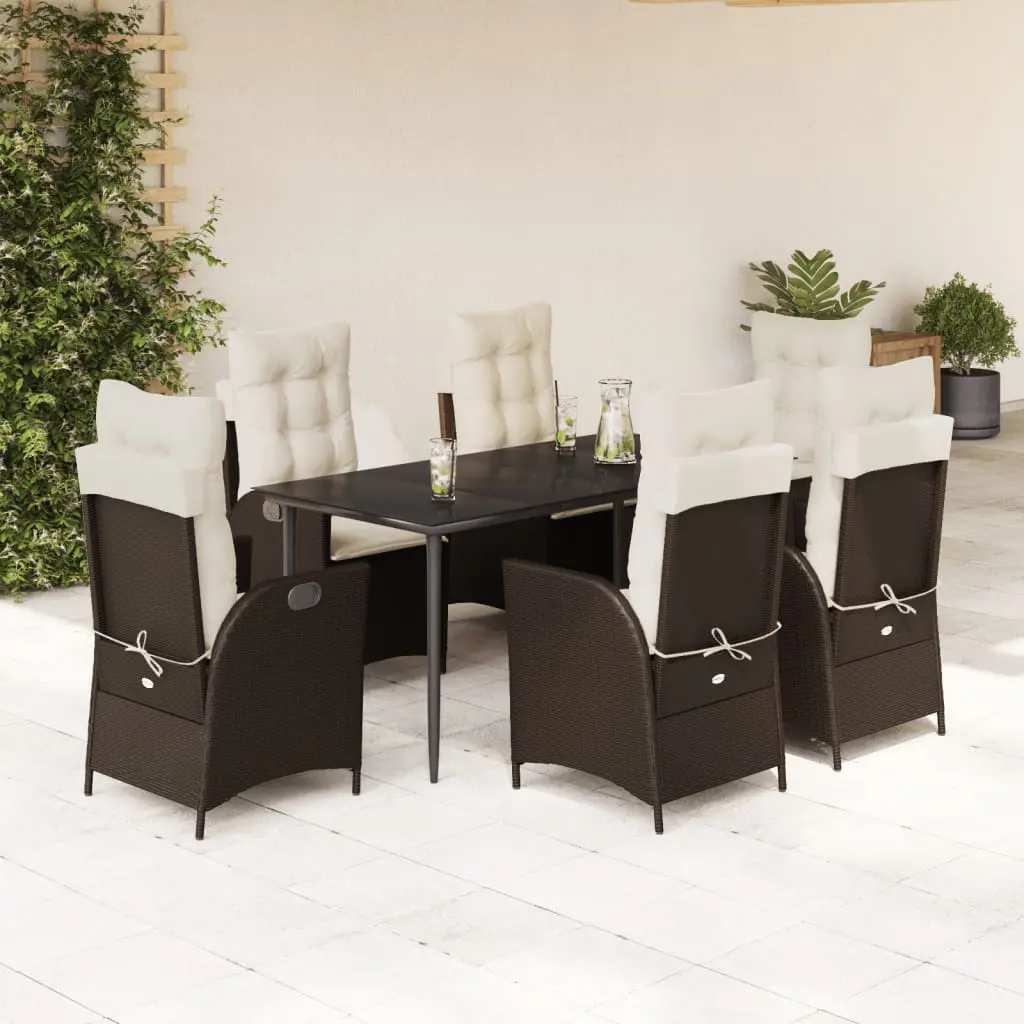 Set da Pranzo da Giardino 7pz con Cuscini in Polyrattan Marrone