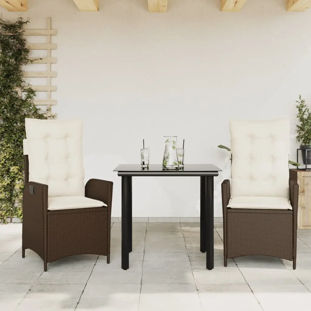 Set da Pranzo da Giardino 3pz con Cuscini in Polyrattan Marrone