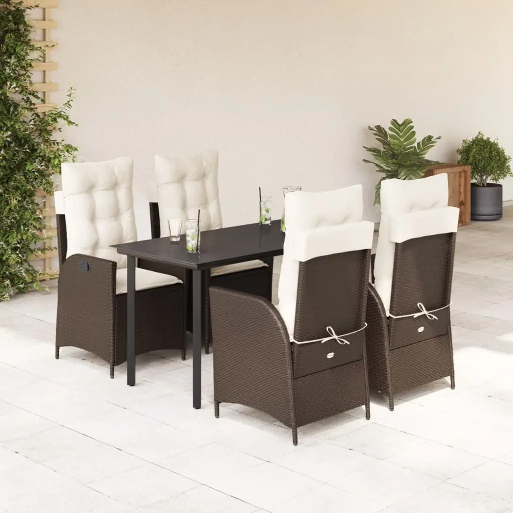 Set da Pranzo da Giardino 5pz con Cuscini in Polyrattan Marrone