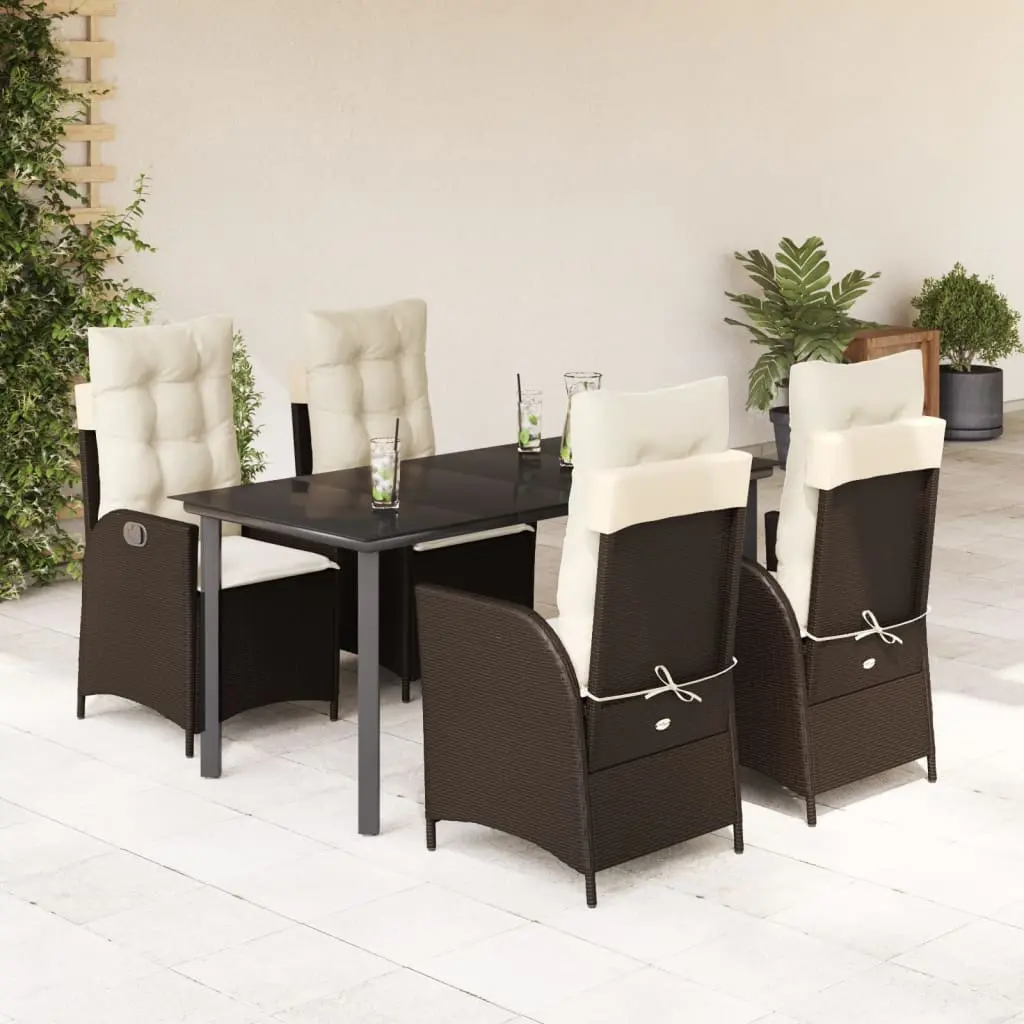 Set da Pranzo da Giardino 5pz con Cuscini in Polyrattan Marrone