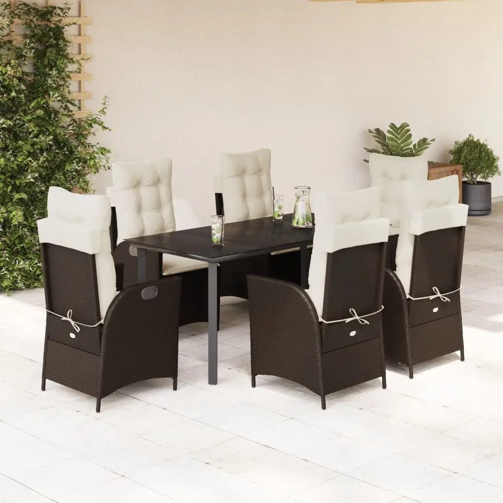 Set da Pranzo da Giardino 7pz con Cuscini in Polyrattan Marrone