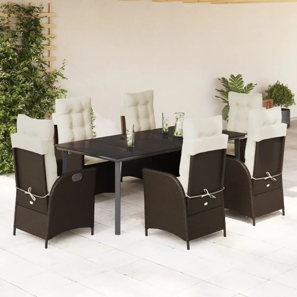 Set da Pranzo da Giardino 7pz con Cuscini in Polyrattan Marrone