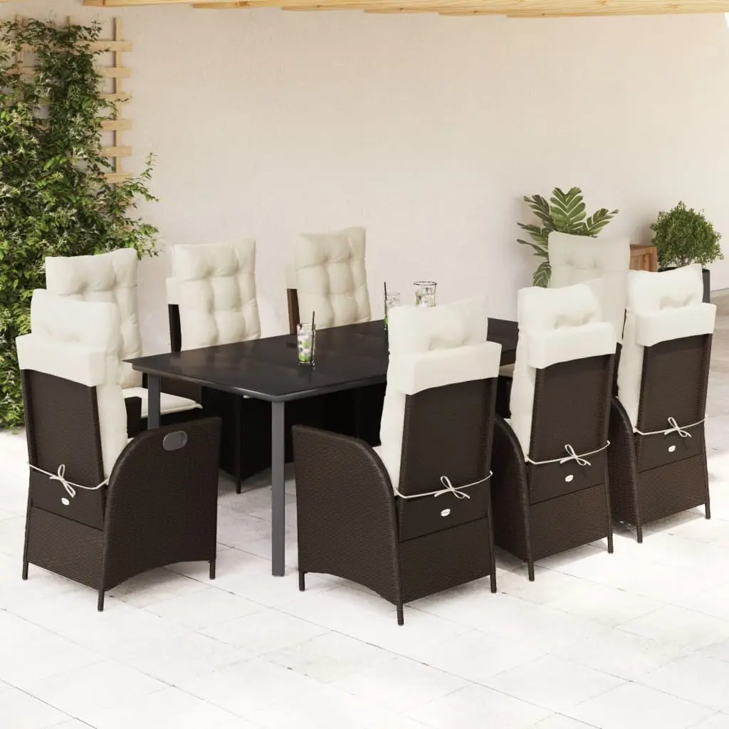 Set da Pranzo da Giardino 9pz con Cuscini Marrone in Polyrattan