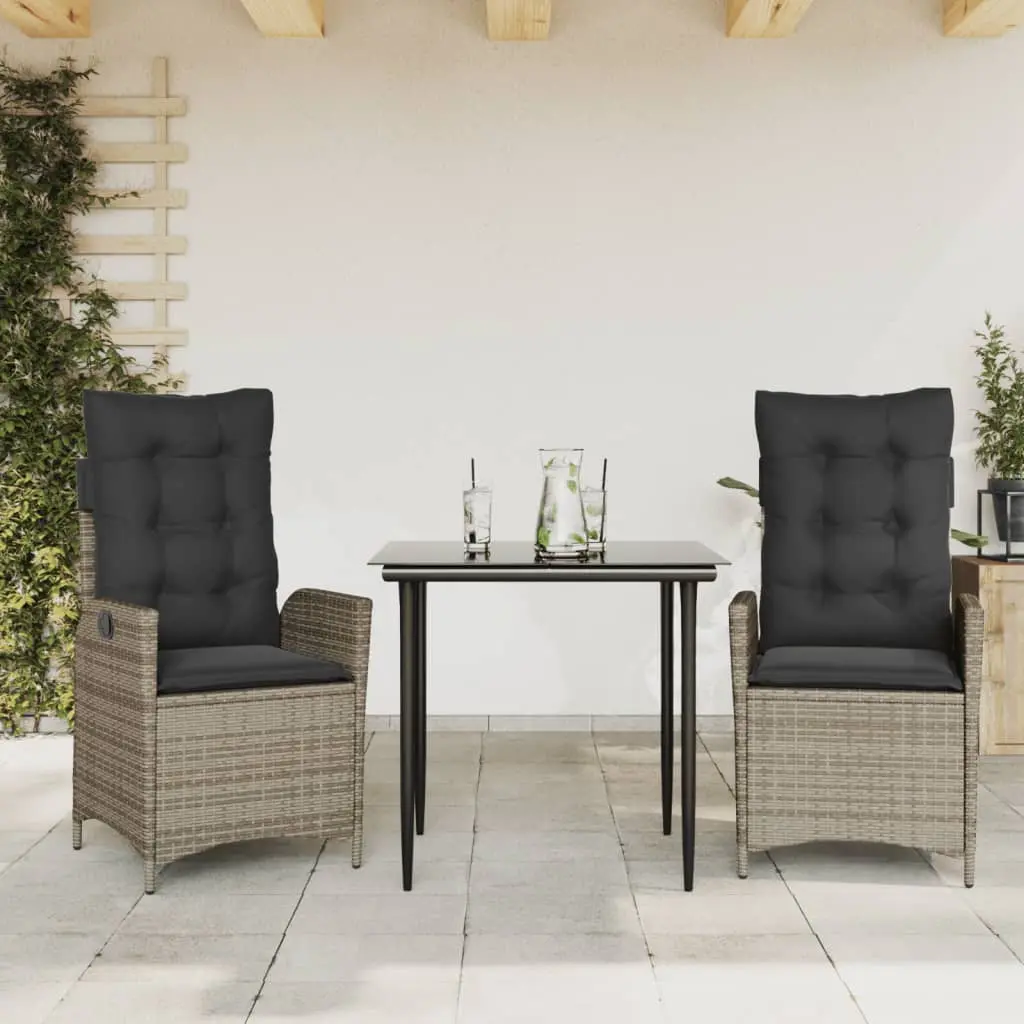 Set da Pranzo da Giardino 3 pz con Cuscini in Polyrattan Grigio