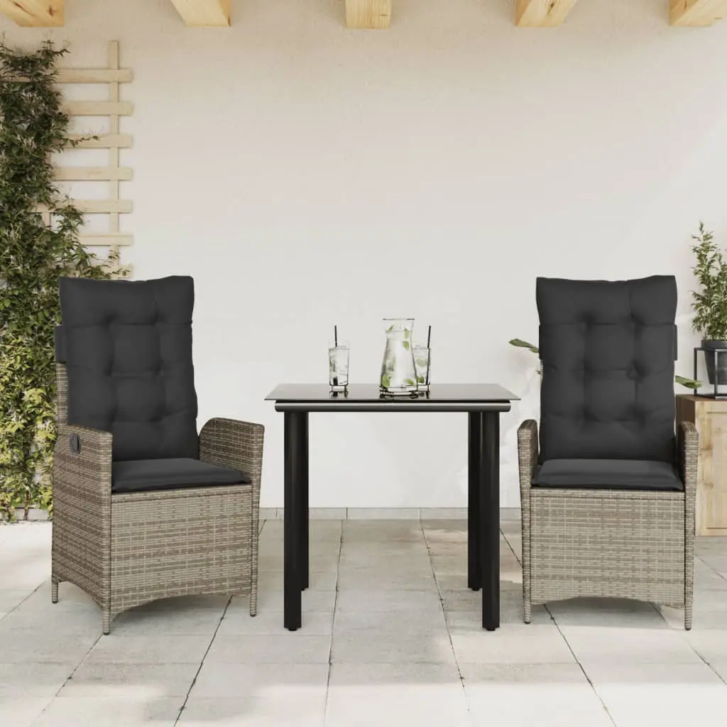 Set da Pranzo da Giardino 3 pz con Cuscini in Polyrattan Grigio