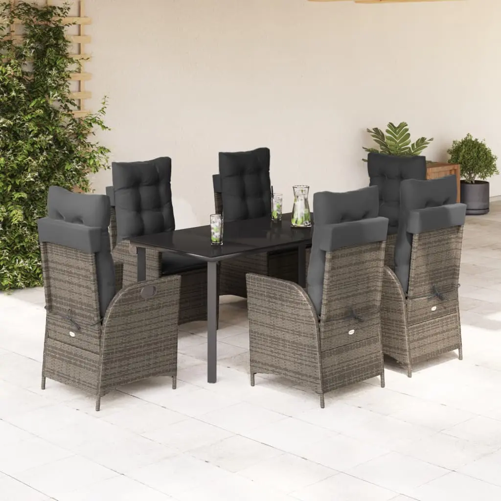 Set da Pranzo da Giardino 7 pz con Cuscini in Polyrattan Grigio