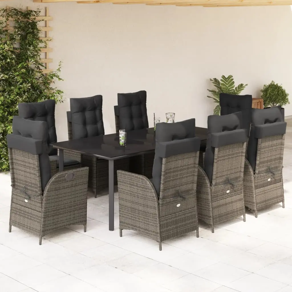 Set da Pranzo da Giardino 9 pz con Cuscini in Polyrattan Grigio