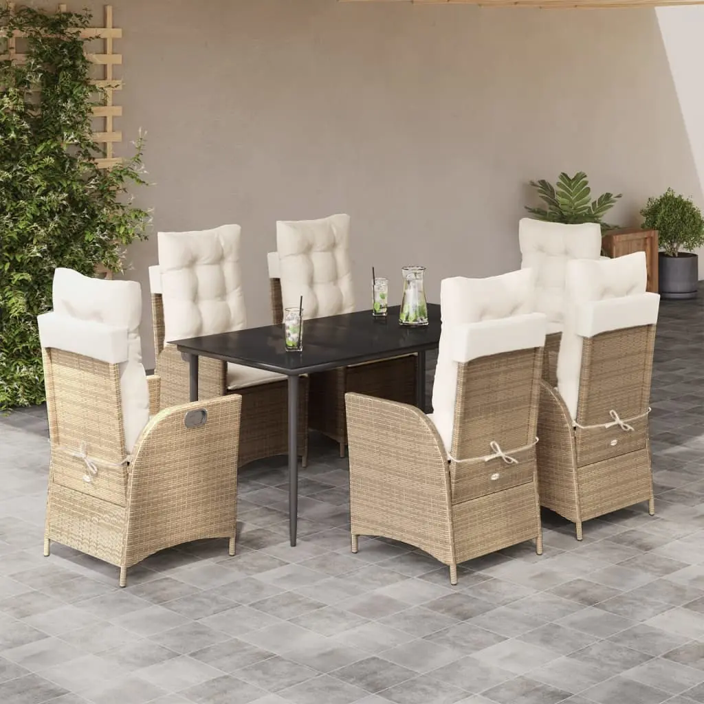 Set da Pranzo da Giardino 7 pz con Cuscini Beige in Polyrattan