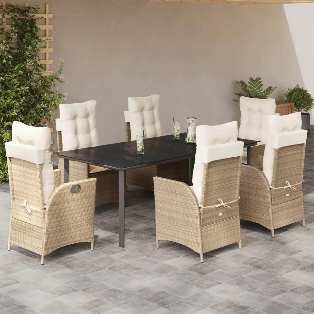 Set da Pranzo da Giardino 7 pz con Cuscini Beige in Polyrattan