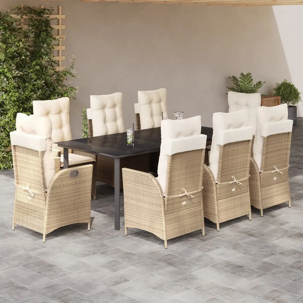 Set da Pranzo da Giardino 9 pz con Cuscini Beige in Polyrattan