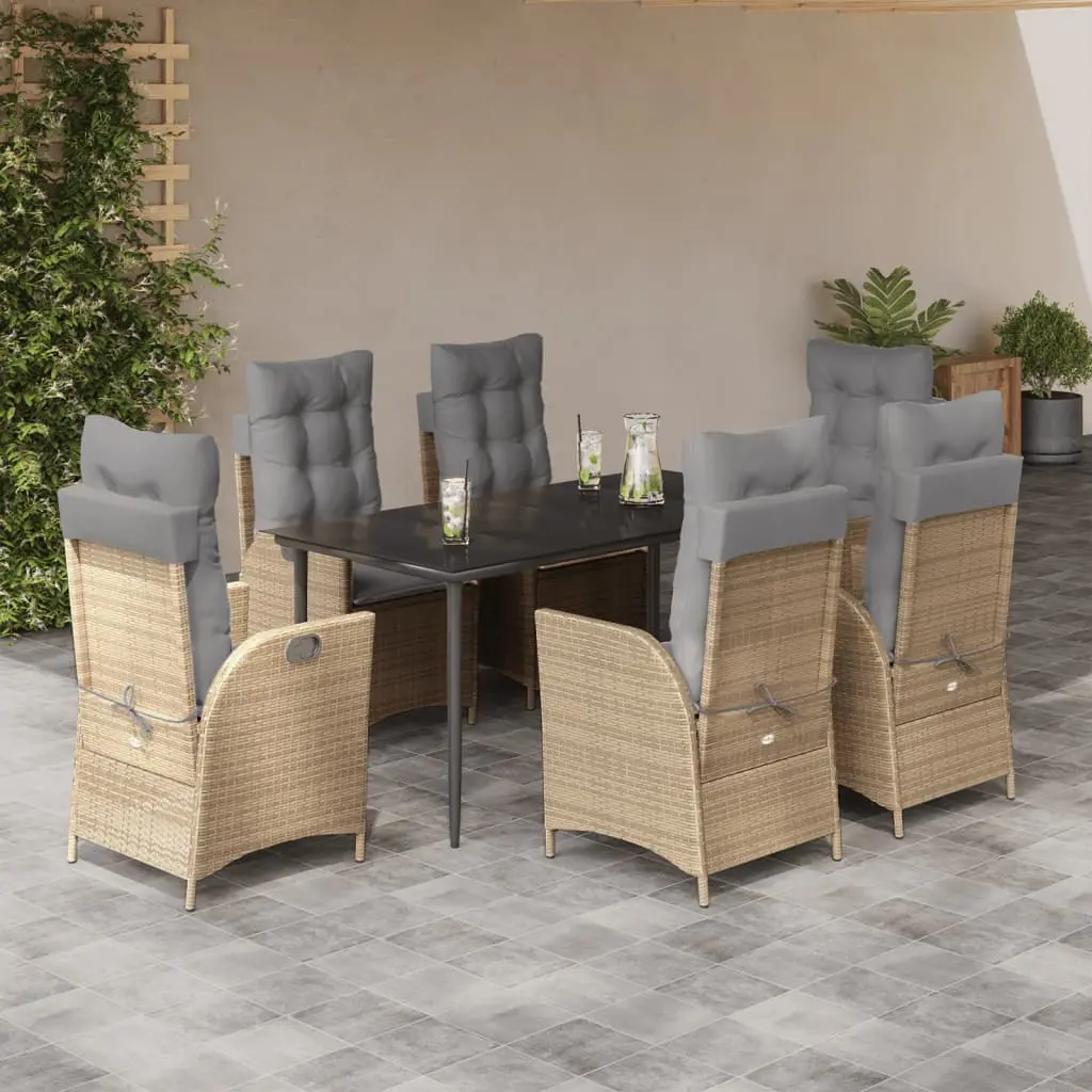 Set da Pranzo da Giardino 7 pz con Cuscini Beige in Polyrattan