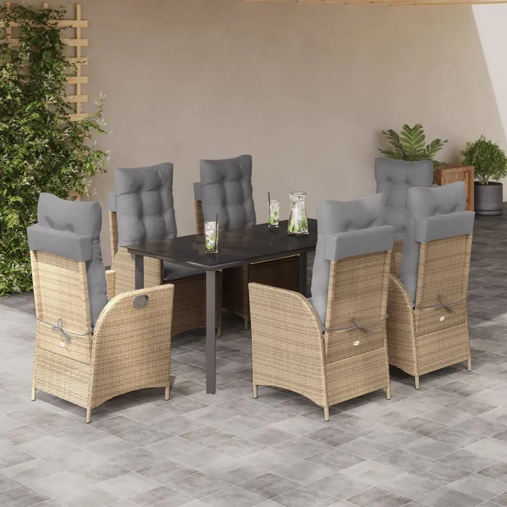 Set da Pranzo da Giardino 7 pz con Cuscini Beige in Polyrattan