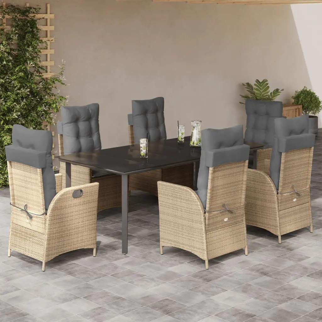 Set da Pranzo da Giardino 7 pz con Cuscini Beige in Polyrattan