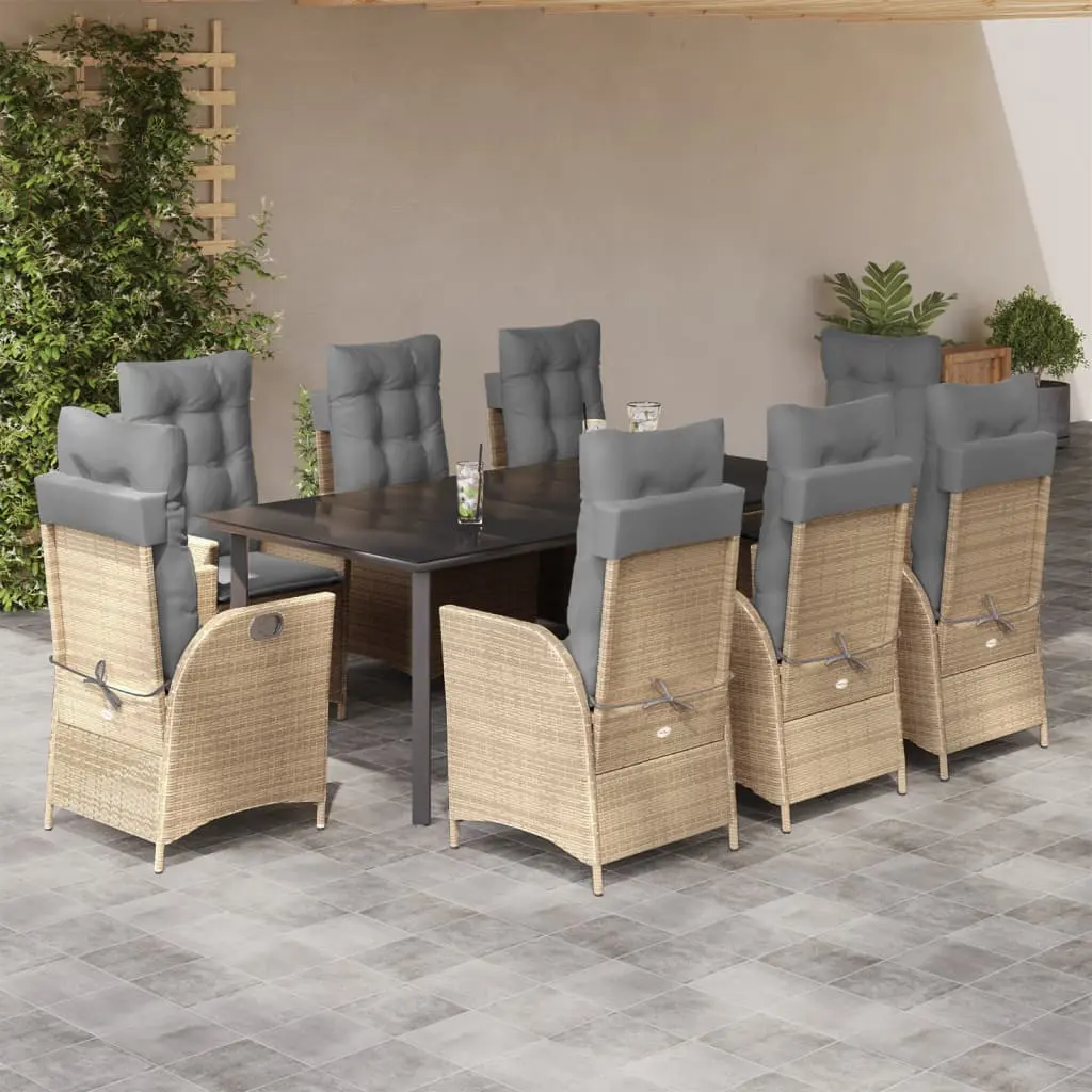 Set da Pranzo da Giardino 9 pz con Cuscini Beige in Polyrattan