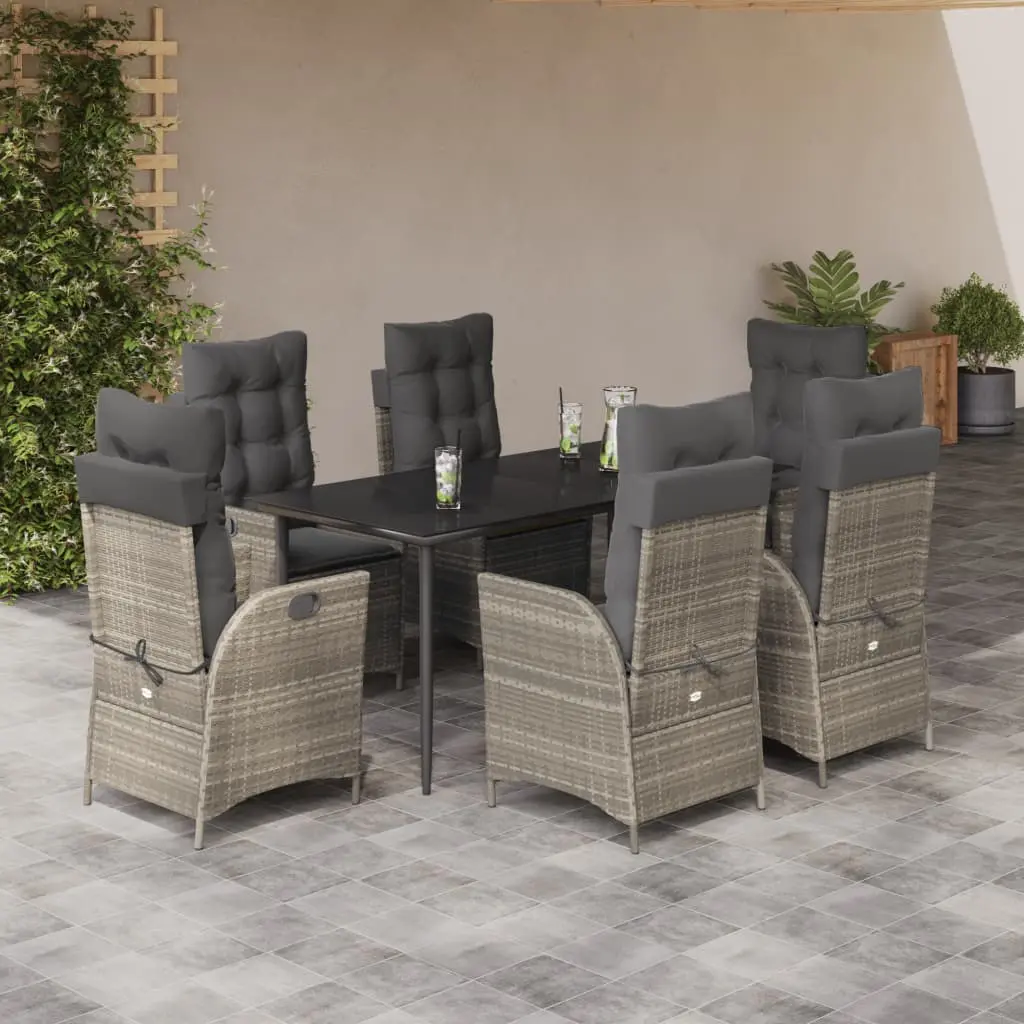 Set da Pranzo da Giardino 7 pz Cuscini Polyrattan Grigio Chiaro