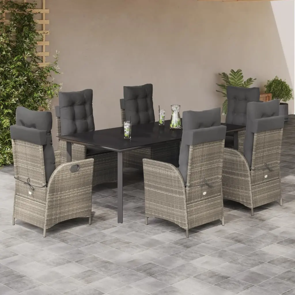 Set da Pranzo da Giardino 7 pz Cuscini Polyrattan Grigio Chiaro