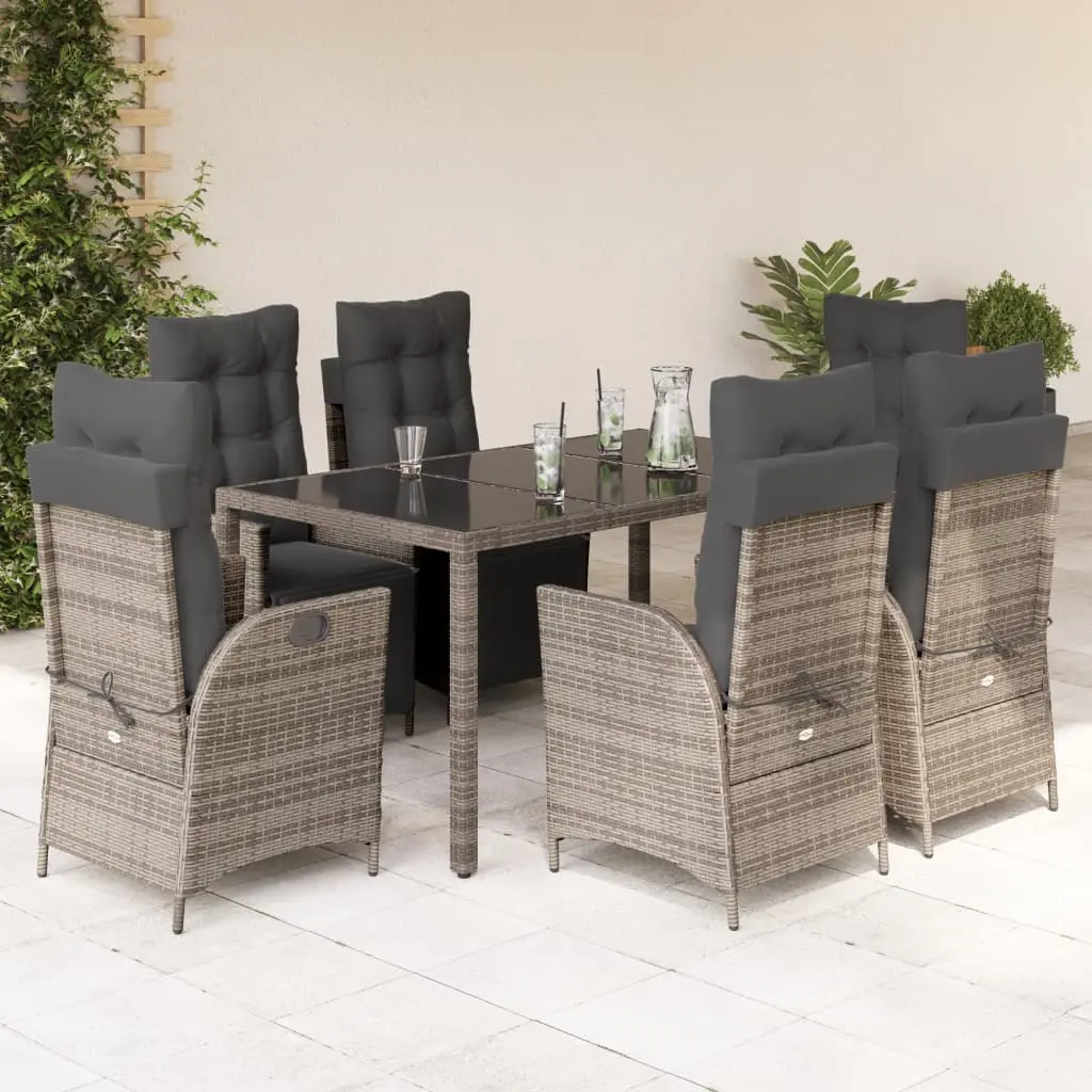 Set da Pranzo da Giardino 7 pz con Cuscini in Polyrattan Grigio