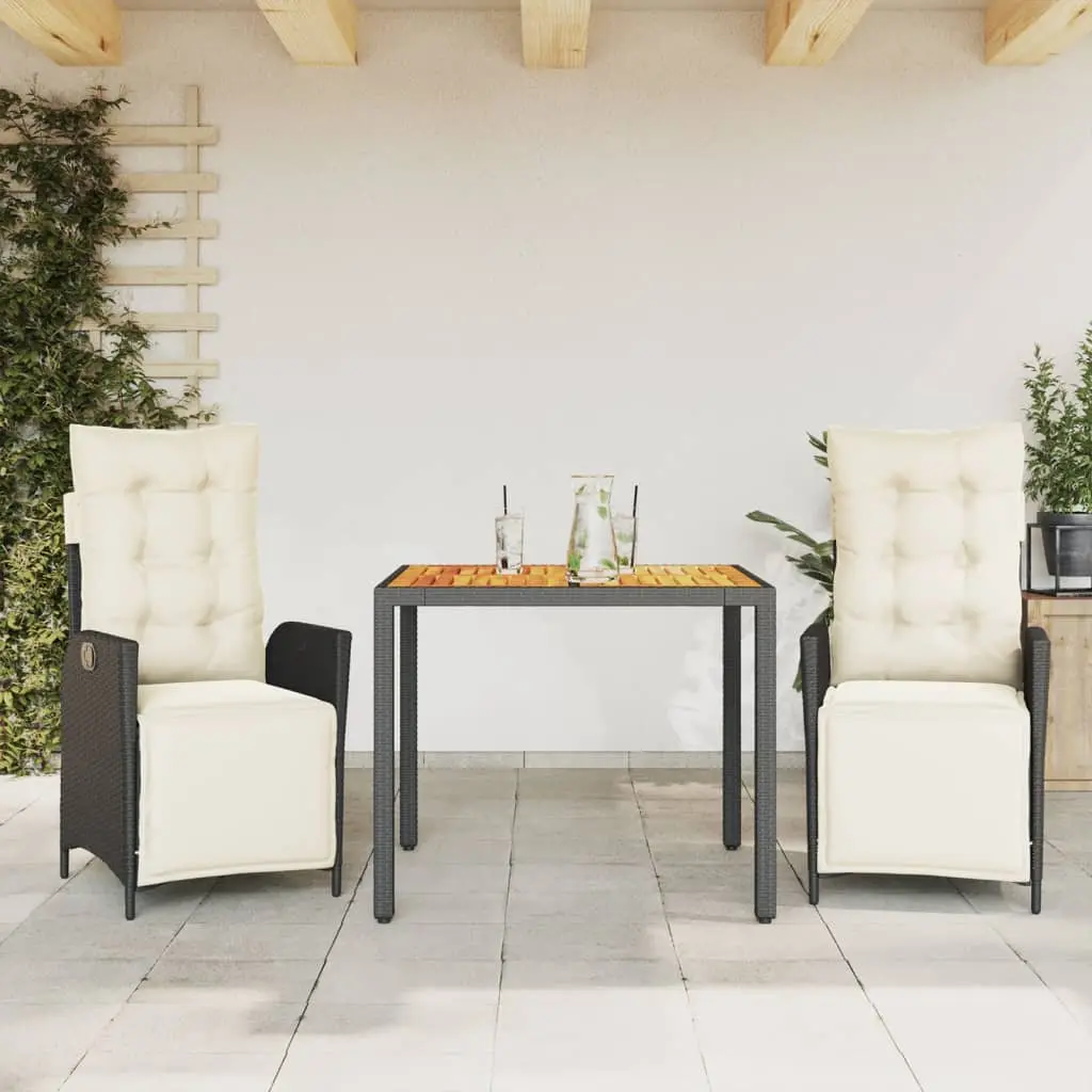 Set da Pranzo da Giardino 3 pz con Cuscini Nero in Polyrattan