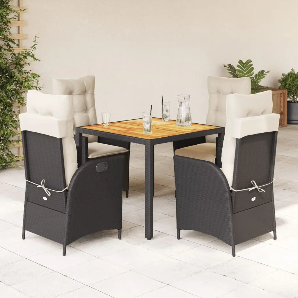 Set da Pranzo da Giardino 5 pz Nero con Cuscini in Polyrattan